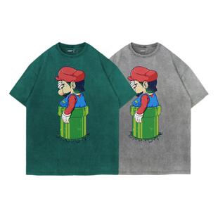 TEE7-任天堂超级玛丽T恤中年马里奥创意搞笑水洗做旧纯棉宽松短袖