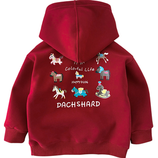 儿童红色加绒连帽卫衣新年装男女童秋冬保暖奥利绒加厚一体绒帽衫