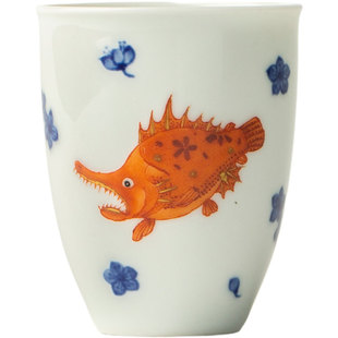 三勤堂青花矾红桃花鳜鱼闻香杯景德镇陶瓷茶杯单个装品茗杯茶具