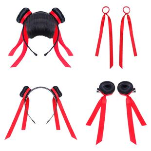 哪吒同款红色飘带刘海假发发箍女儿童丸子头周边头箍表演道具发卡