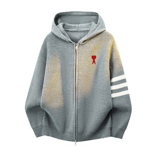 Ami iepo官方美式条纹开衫毛衣男女情侣秋冬季慵懒休闲连帽针织衫