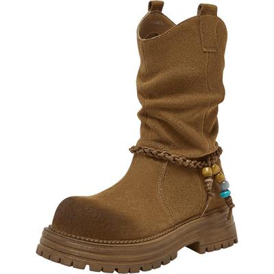 百思图25冬商场新款复古真皮厚底美拉德西部堆堆靴女短靴W0712DZ5