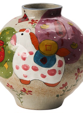 景德镇马年客厅桌面装饰摆件乔迁新家礼物水培中古风大肚花瓶可爱