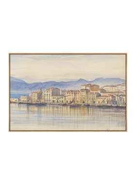 蓝色水彩风景法式中古风装饰画