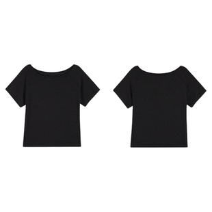 MULVAN Ju好穿 慵懒风一字领短袖t恤女宽松显瘦设计感斜露肩上衣