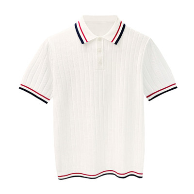 夏季时尚拼色竖条纹理针织polo衫