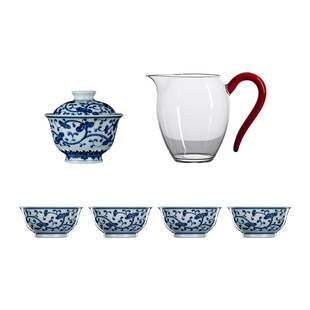 钟家窑柴窑青花手绘灵芝花纹陶瓷茶具套装送礼礼盒装一盖碗四杯