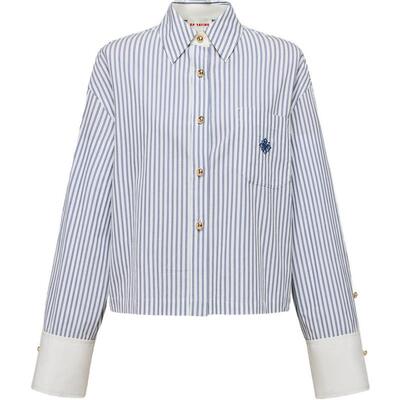 雅莹纯棉蓝色条纹短款长袖衬衫