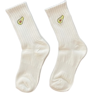 3双 男女中筒袜子纯棉潮流牛油果刺绣高橡筋罗口情侣毛圈底运动袜