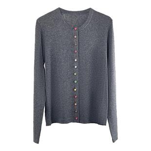 彩红色糖果盘扣精纺羊毛针织开衫女2025秋季新款圆领上衣打底毛衣