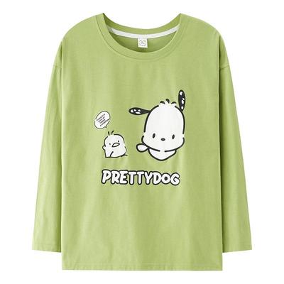 大码睡衣女单件上衣带胸垫一体长袖t恤纯棉春秋款宽松套头可外穿