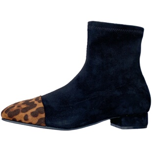 饰与美韩国东大门秋冬新款圆头豹纹拼接方根侧拉链瘦瘦弹力短靴子