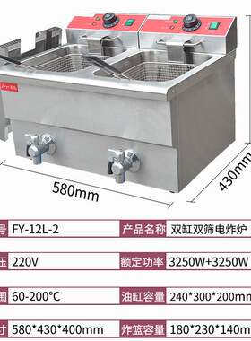 杰亿双缸炸炉FY-12L-2商用双缸双筛电炸炉炸鸡腿鸡翅炸薯条油炸炉