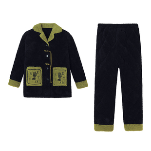 可人儿冬季保暖三层舒棉绒夹棉睡衣加厚新中式加绒棉袄家居服套装