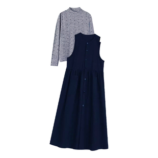 孕妇连衣裙套装春秋冬2026新款韩版灯芯绒藏青背心裙打底衫两件套