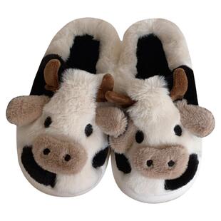 毛绒绒可爱小奶牛踩屎感卧室居家鞋男女秋冬季新款亲子软底棉拖鞋