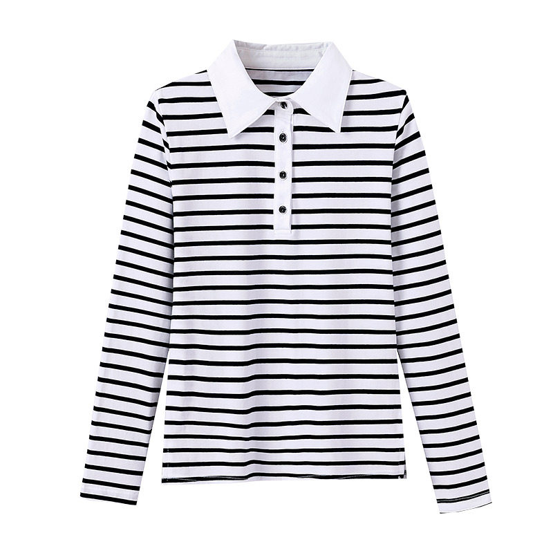 女长袖t恤翻领条纹纯棉运动polo