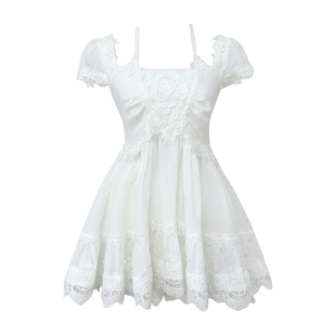 Lazy Didi绣棉盛夏 水溶立体蕾丝娃娃裙短裤露肩挂脖吊带连衣裙