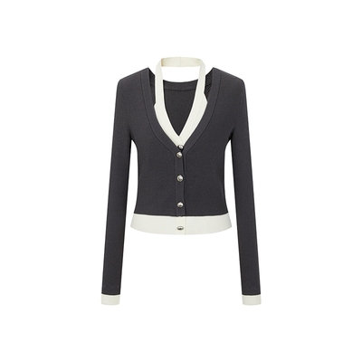 none时尚大V领假两件修身开衫