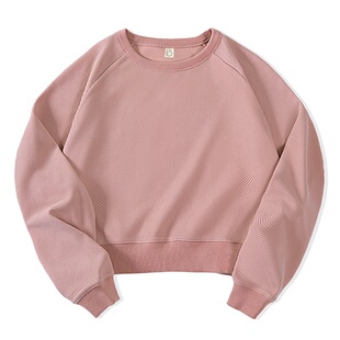 马登美式收腰短款圆领休闲卫衣小个子内搭打底长袖上衣华夫格女