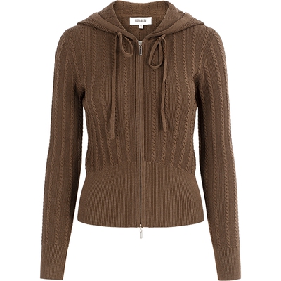 温暖时髦咖色连帽抽绳针织开衫