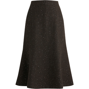 [细闪复古]LANDI深棕绵羊毛高腰鱼尾毛呢半裙女中长款2025冬新品