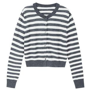 佧茜文老钱风条纹开衫2025秋季新款慵懒航海风圆领针织上衣女