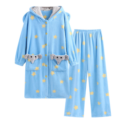 侘町2025新款笨笨大象睡袍女秋冬季加绒加厚夹棉睡衣法兰绒家居服