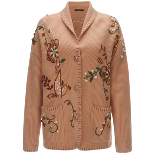 皮皮狗青果领加厚双股重工手绣花复古纯羊绒女士开衫针织外套