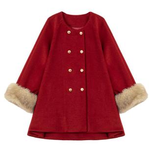 KEIKO 千金风红色羊毛呢外套女冬季新年战袍高级感斗篷形呢子大衣
