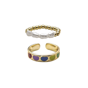 KANSAI两件套彩色爱心戒指圆珠不规则珍珠特别设计感小众气质指环