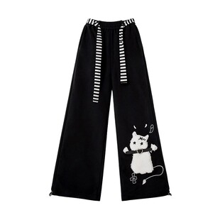 自然涩美式刺绣猫咪2026黑色加绒休闲卫裤女新冬季款阔腿运动裤子