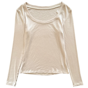 大圆领针织打底衫女薄款长袖T恤春秋高级感竹节棉洋气小衫上衣女