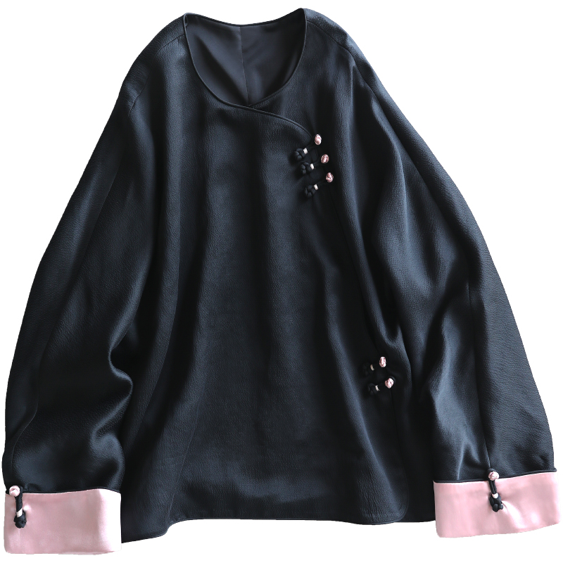 云澍原创重磅珍珠缎香云纱中式改良盘扣上衣女秋圆领真丝唐装茶服