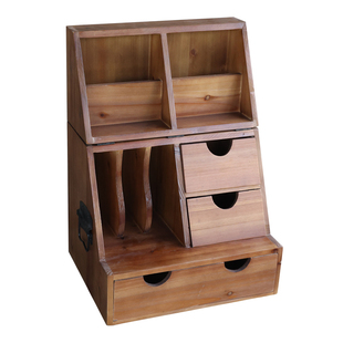 叁杉家居中古收纳盒书桌桌面复古折叠柜印章胶带手账本木质置物架
