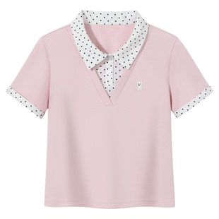 PSO Brand女装假两件波点V领短袖衬衫上衣休闲学院风Polo衫春季