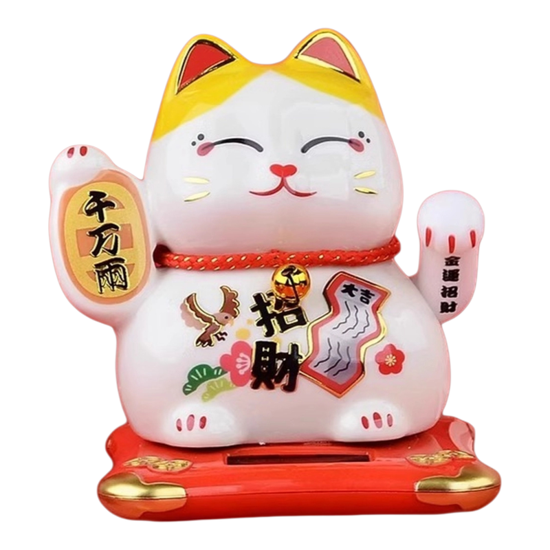 招财猫陶瓷小摆件太阳能自动摇手