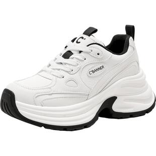 千百度老爹鞋女系带新款厚底增高皮面运动鞋时尚百搭透气休闲鞋子