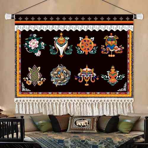 西藏吉祥八宝布艺挂画藏族元素花纹挂布民宿民族风装饰平面布画