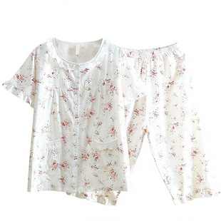 超美小清新全棉斜纹布睡衣女夏季短袖七分裤纯棉布家居服套装