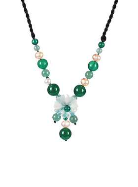 原创项链珍珠岫玉花朵吊坠女