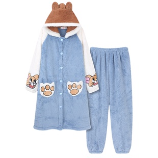 加肥加大码300斤男士珊瑚绒睡袍情侣冬季加绒加厚胖MM200斤家居服