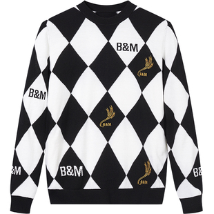BM菱格炸街毛衣男港风韩版潮流个性刺绣男士时尚潮流羊毛衫秋冬季