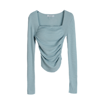 法式套头方领针织衫修身显瘦小众