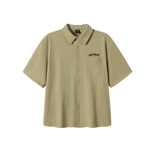 韦恩泽维尔宽松大码男夏翻领卡通印绣花泡泡纱工装短袖衬衫9117