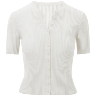 LANCY/朗姿2024新款美丽诺羊毛短袖针织开衫女坑条薄款修身上衣