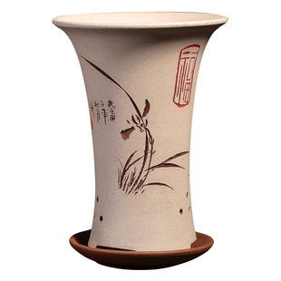 紫砂兰花花盆陶瓷吊兰蓝草粉浆刻绘福禄寿喜带托盘小兰花专用花盆