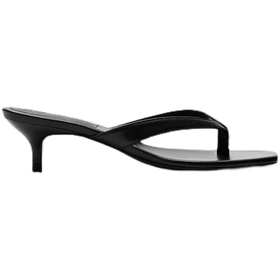 md夹趾百搭方头真皮细跟凉鞋