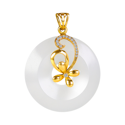 和合玉器和田玉羊脂白玉18k金镶玉平安扣挂件玉石吊坠项链山料女