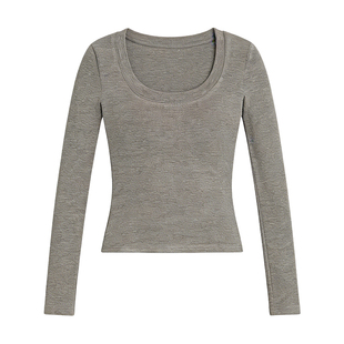 DPLAY【惠品】2026年春季新款灰色U领修身T恤衫含胸垫好看上衣